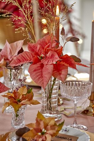 A table setting with cut poinsettias in crystal vases and on plates