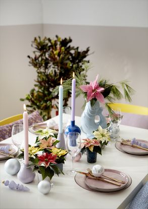 Table with colourful mini poinsettias, baubles, candles and vase