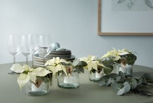 Advent decoration with glasses, tealights, poinsettias, eucalyptus and wooden hearts. 