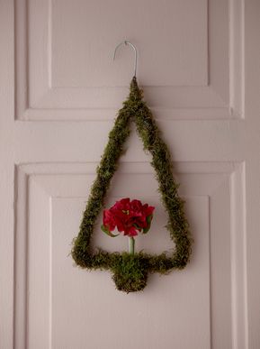 Fir tree made from coat hanger with red poinsettia as upcycling hanging decoration 