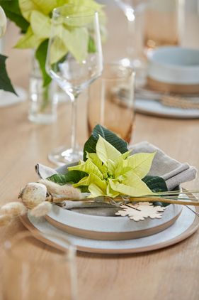 Set de table avec poinsettia, tête de coquelicot, herbe Bunny Tail et flocon de neige en bois.