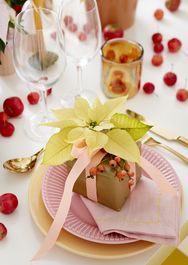 Paquete decorado con poinsettia y lazo en plato rosa junto a vasos, manzanas y cubiertos dorados.